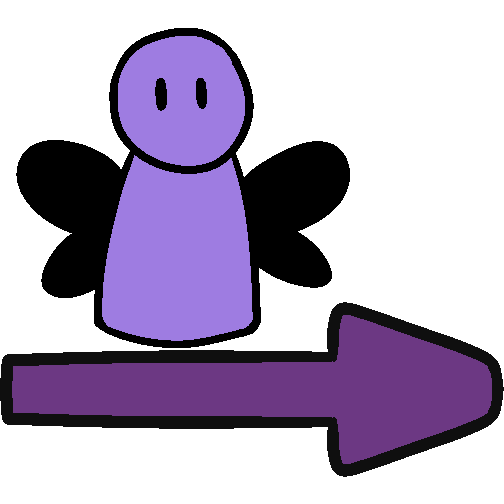 A purple figure with fairy wings standing over a purple arrow pointing right.